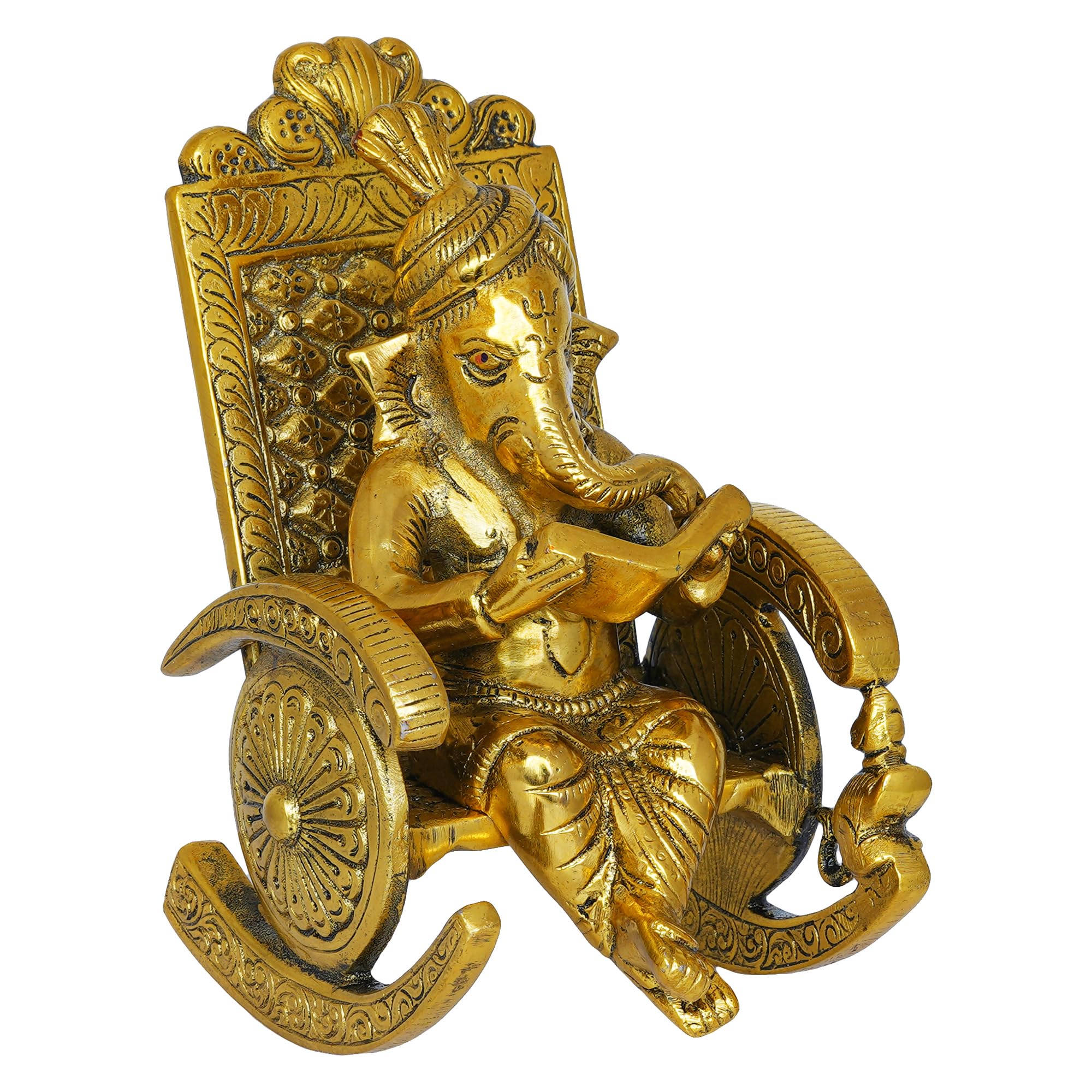 Ecraftindia Golden Metal Handcrafted Lord Ganesha Idol Reading Book On Rocking Chair - God Idol For Home Decor, Office Desk, And